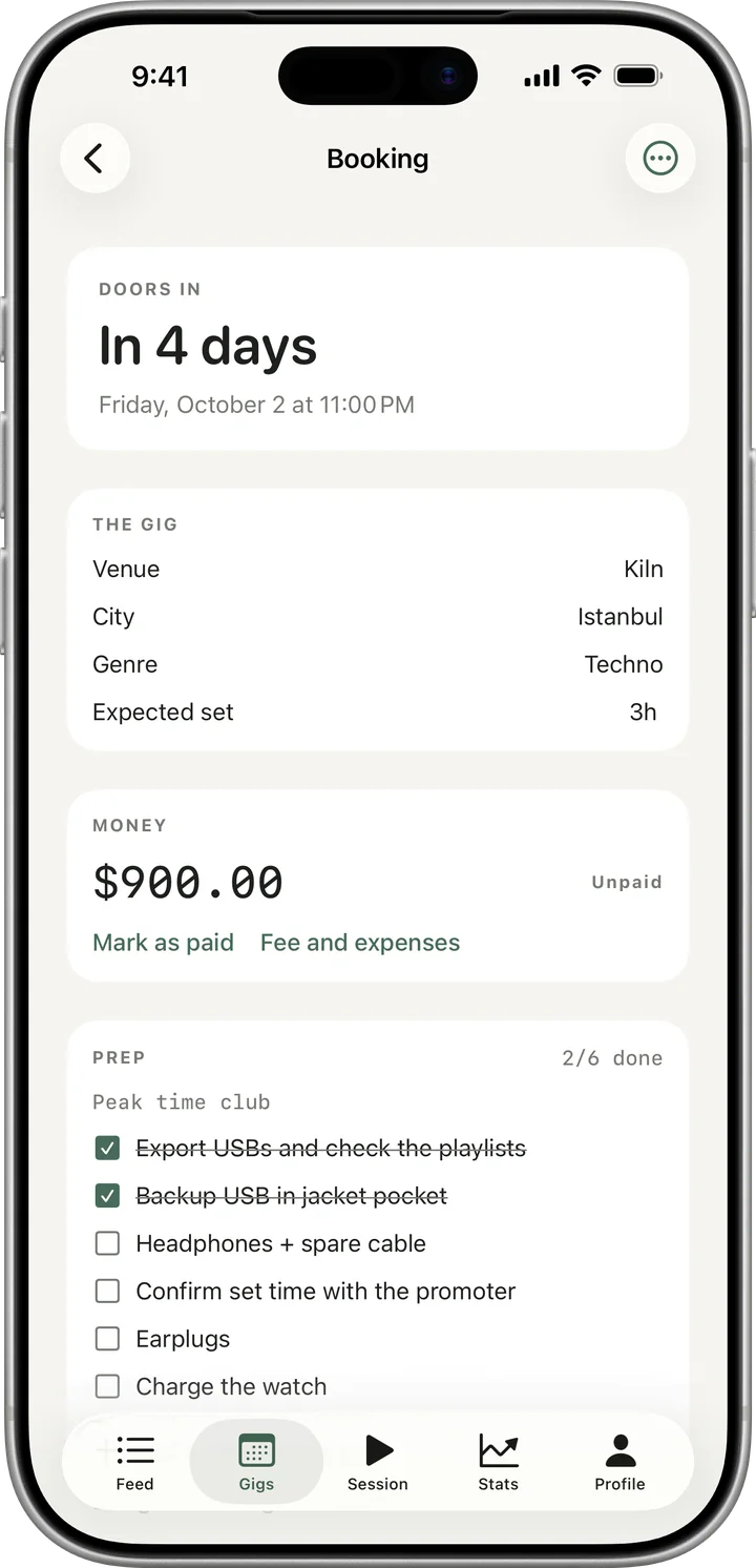 An upcoming booking at Kiln in 4 days: venue, city, genre, set length, a $900 fee marked unpaid, and the prep checklist 2 of 6 done.