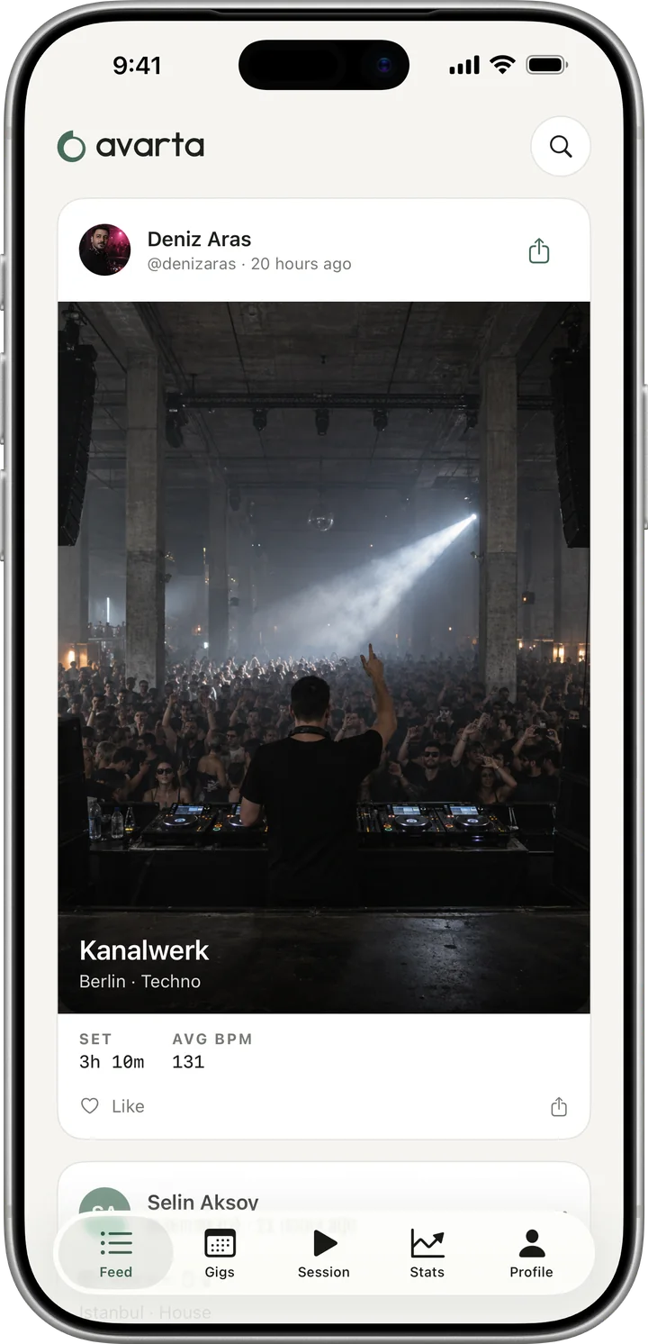 The Avarta feed: a DJ’s latest set at Kanalwerk with the photo from the booth, set length and average tempo.