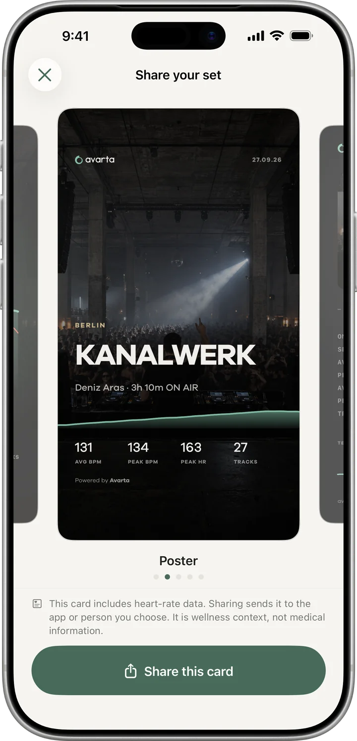 The share card picker showing the Poster card: the gig photo, KANALWERK in large type, and the set’s numbers along the bottom.