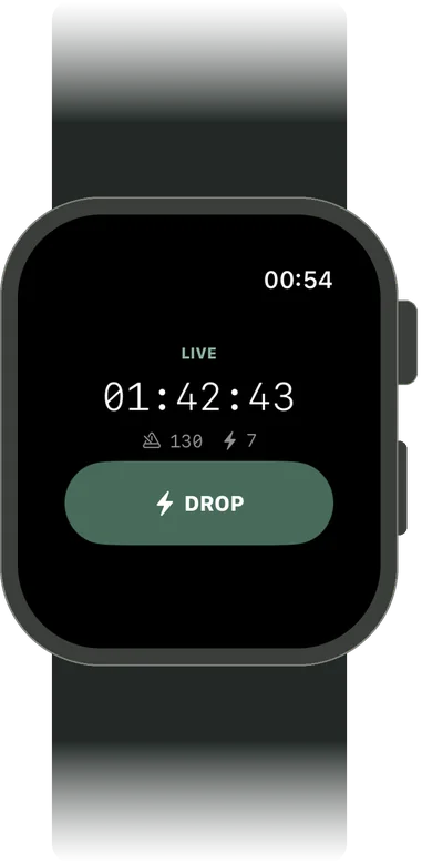 Avarta on Apple Watch during a set: the running time, tempo, drop count and a large DROP button.
